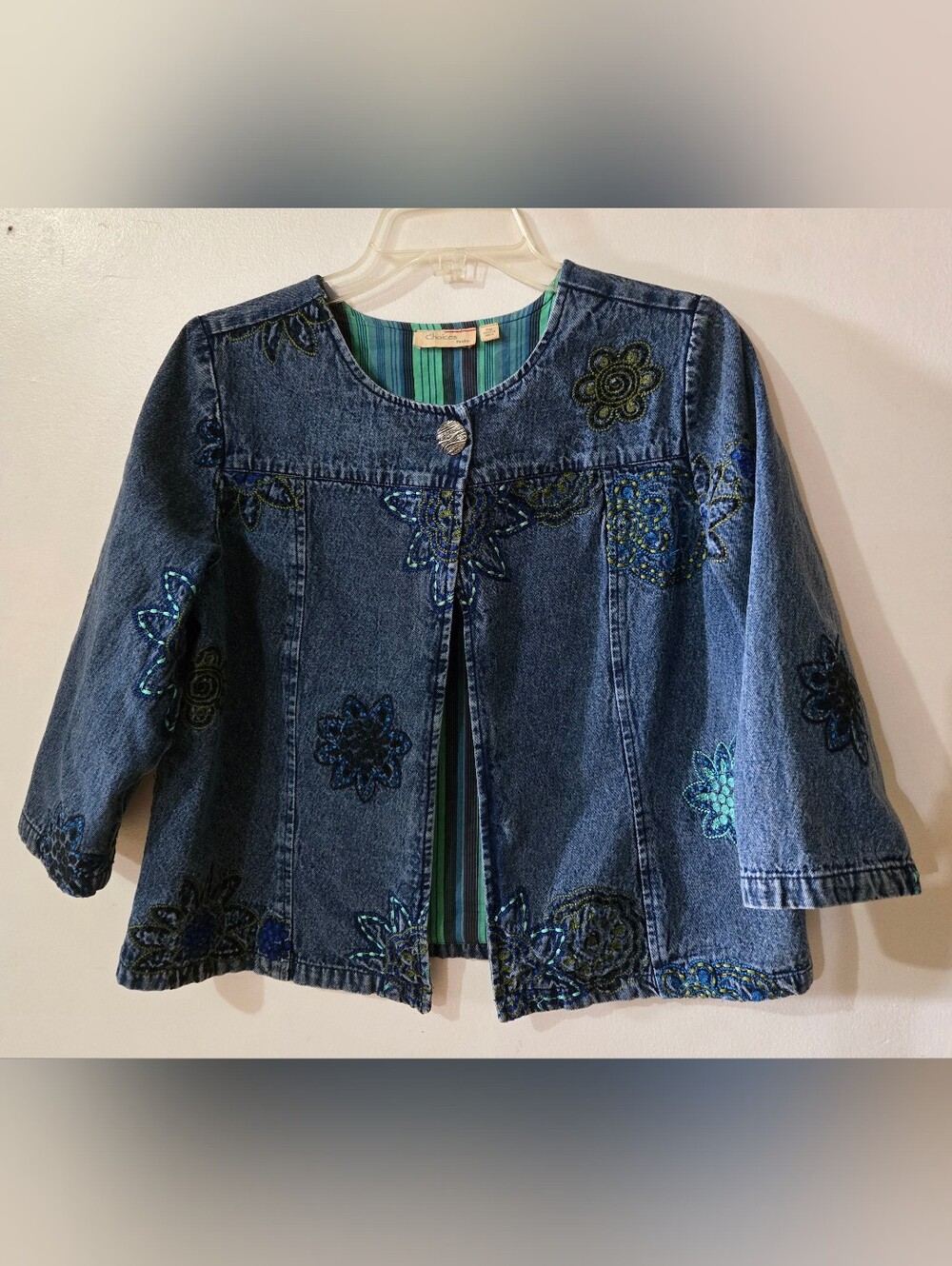 Choices Embroidered Cropped Denim Jacket Floral Blue One Button PM Vintage